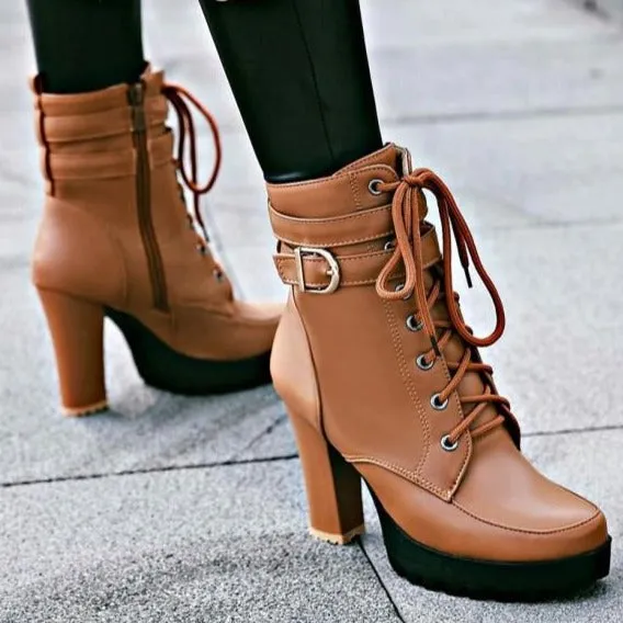 Women Buckle Strap Lace Up Heeled Combat Boots