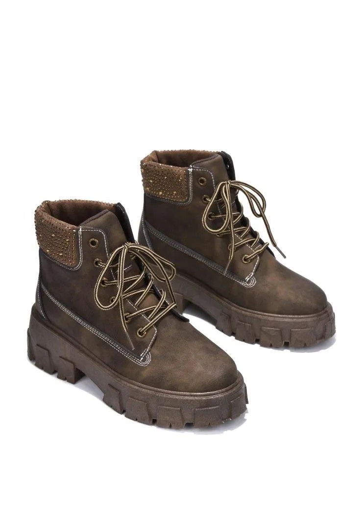 Women Rhinestone Lug Sole Combat Ankle Boots Luciana By Cape Robbin