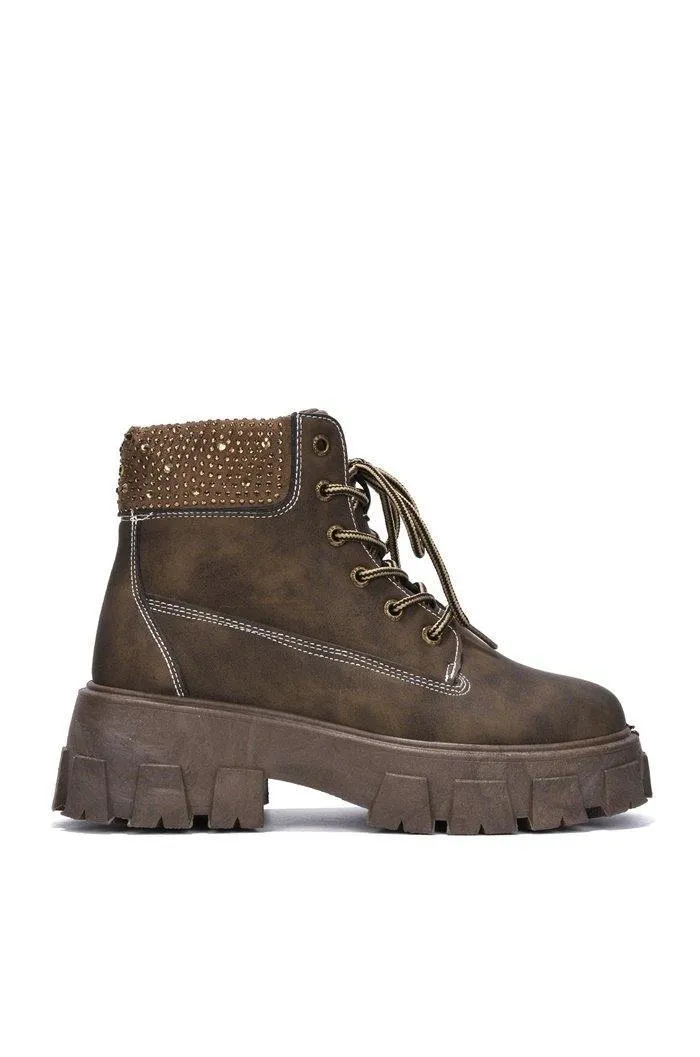 Women Rhinestone Lug Sole Combat Ankle Boots Luciana By Cape Robbin