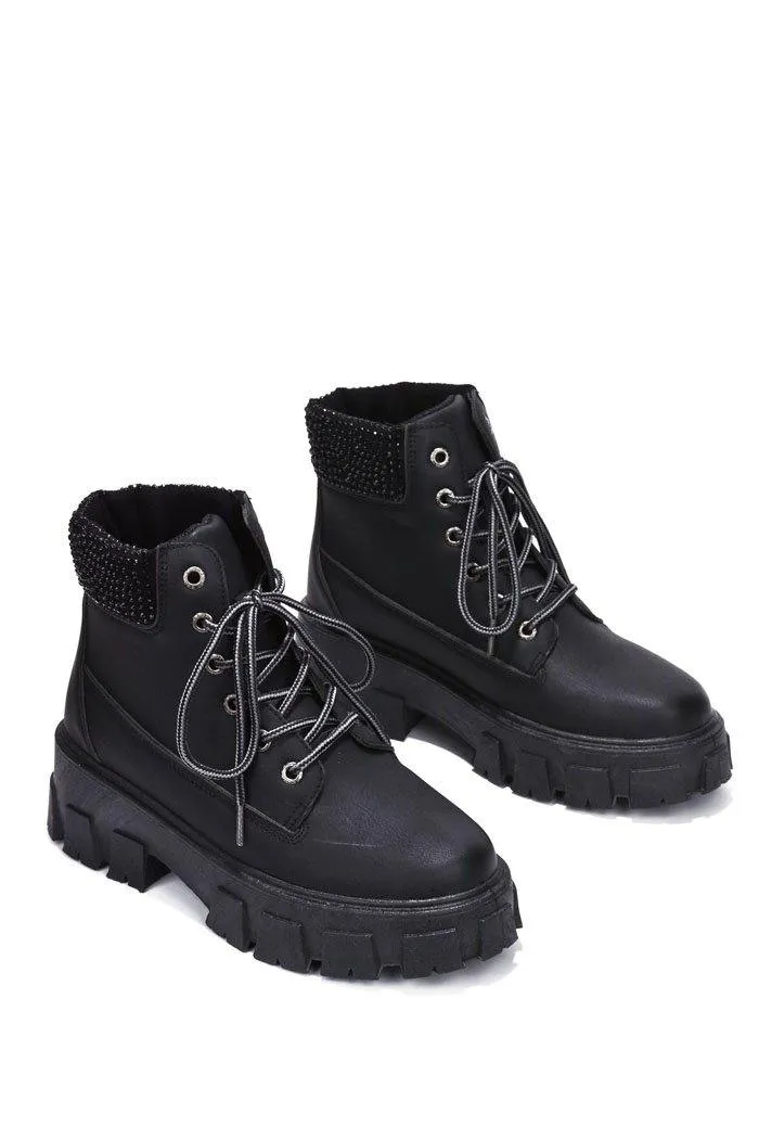 Women Rhinestone Lug Sole Combat Ankle Boots Luciana By Cape Robbin