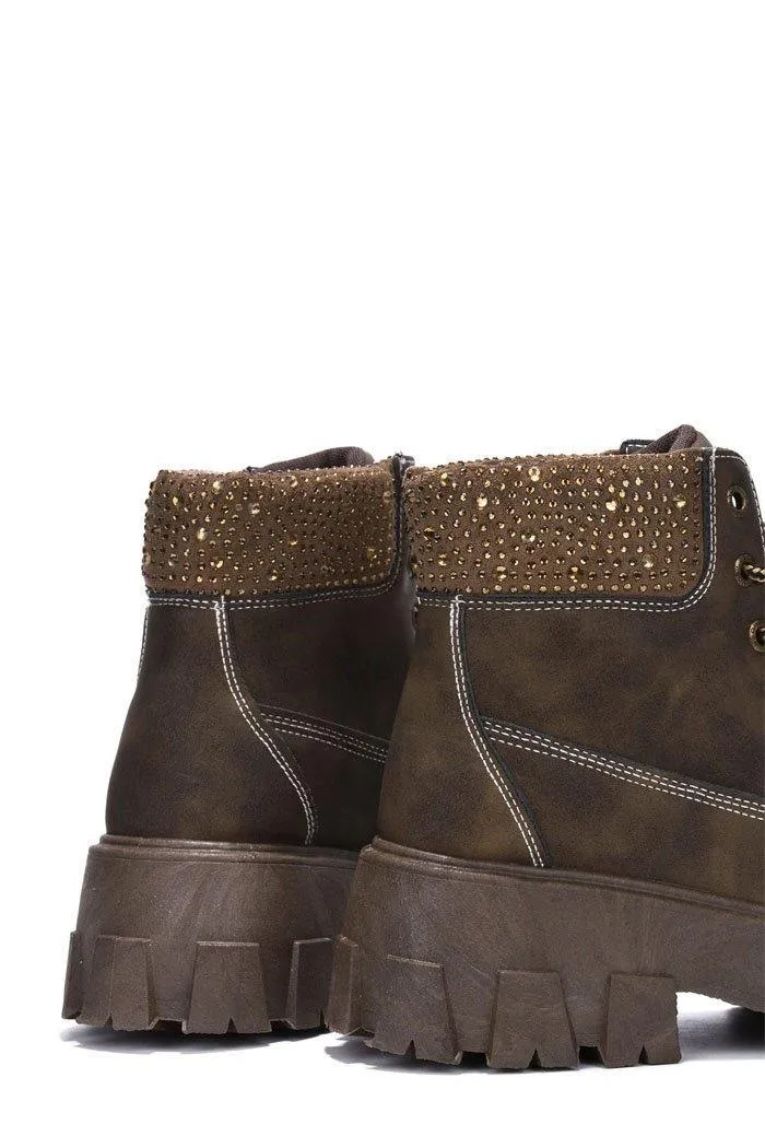 Women Rhinestone Lug Sole Combat Ankle Boots Luciana By Cape Robbin